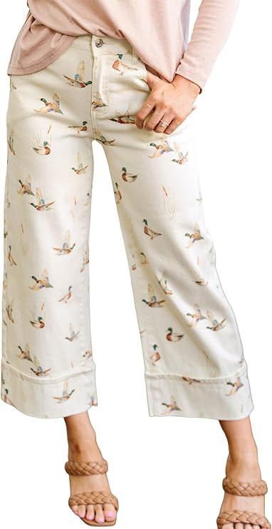 UONBOX Womens Jeans Stylish Mallard Duck Print Cuffed Hem Shift Denim Pants | Amazon (US)