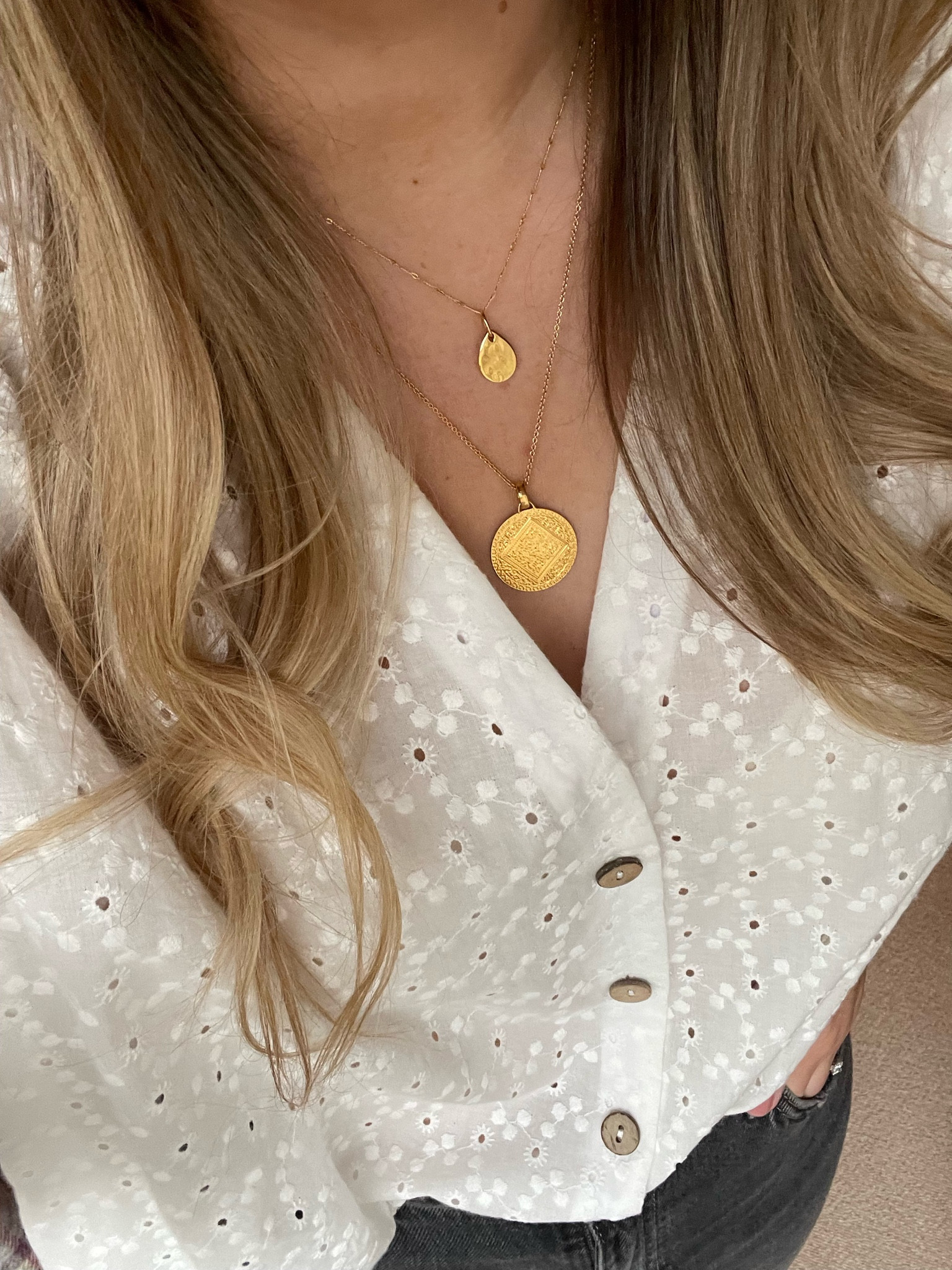 Chic gold necklace layering from Monica Vinader. Mini Marie pendant with Zara Broderie Anglaise blouse 

#LTKunder50 #LTKeurope #LTKSeasonal