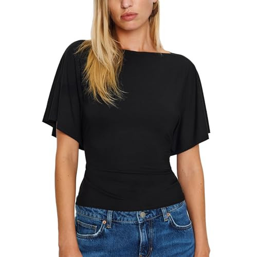 SeeLuNa Women Cinched Waist Shirts Stretchy Dolman Sleeve Boat Neck Knit Top Trendy Streetwear Outfits Basic Workout Tee Tops(Black,XS) | Amazon (US)