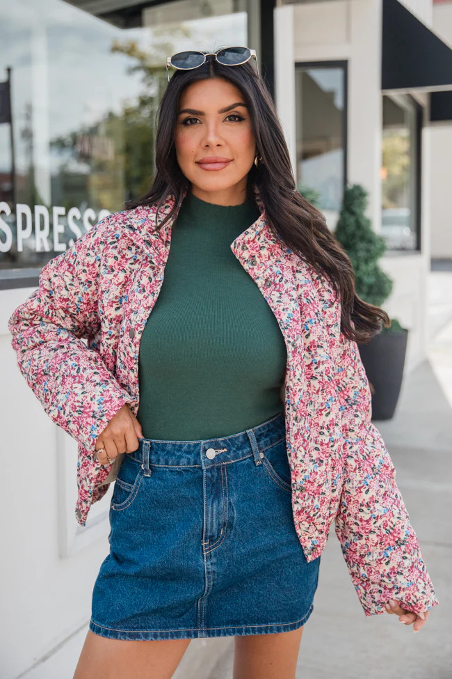 Tracking Promises Cream Multi Floral Corduroy Puffer Jacket | Pink Lily