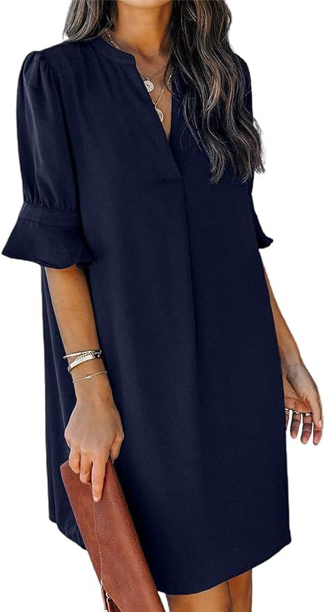Amazon.com: QACOHU Womens V Neck Ruffle Short Sleeve Simple Solid Color Casual Summer Dress : Clo... | Amazon (US)