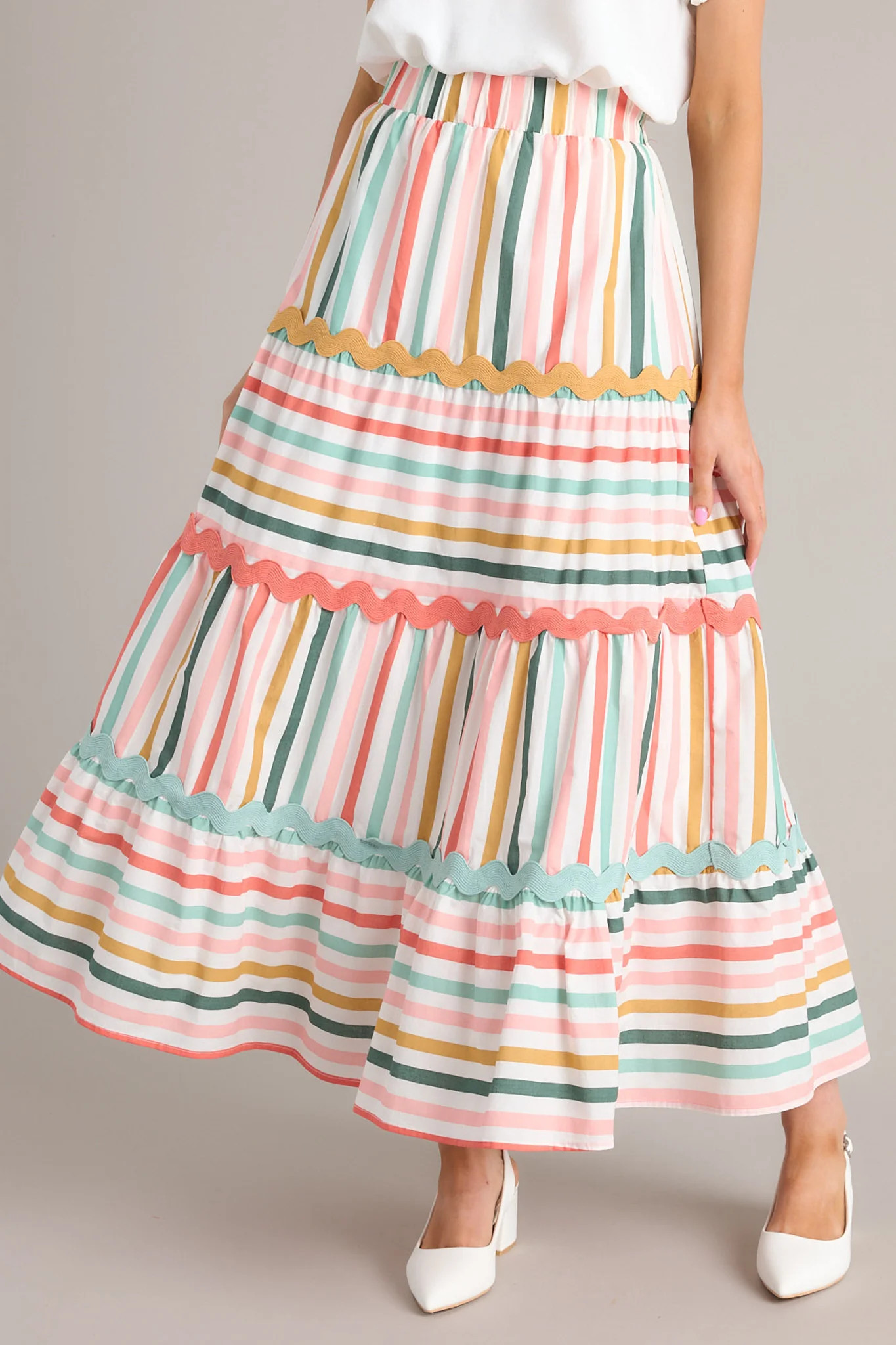 Meet For Tea Sage Multi Stripe Cotton Maxi Skirt | Red Dress