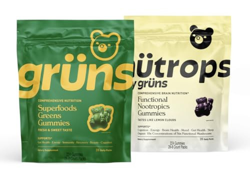 Gruns Superfood Green + New Nütrops Gummy Bundle, Organic Nutritional Supplement 2 x 28 Pack: Multivitamin, prebiotics, adaptogens + Nootropic Mushroom Herbal Supplement to Support Mood, Focus, Gut | Amazon (US)