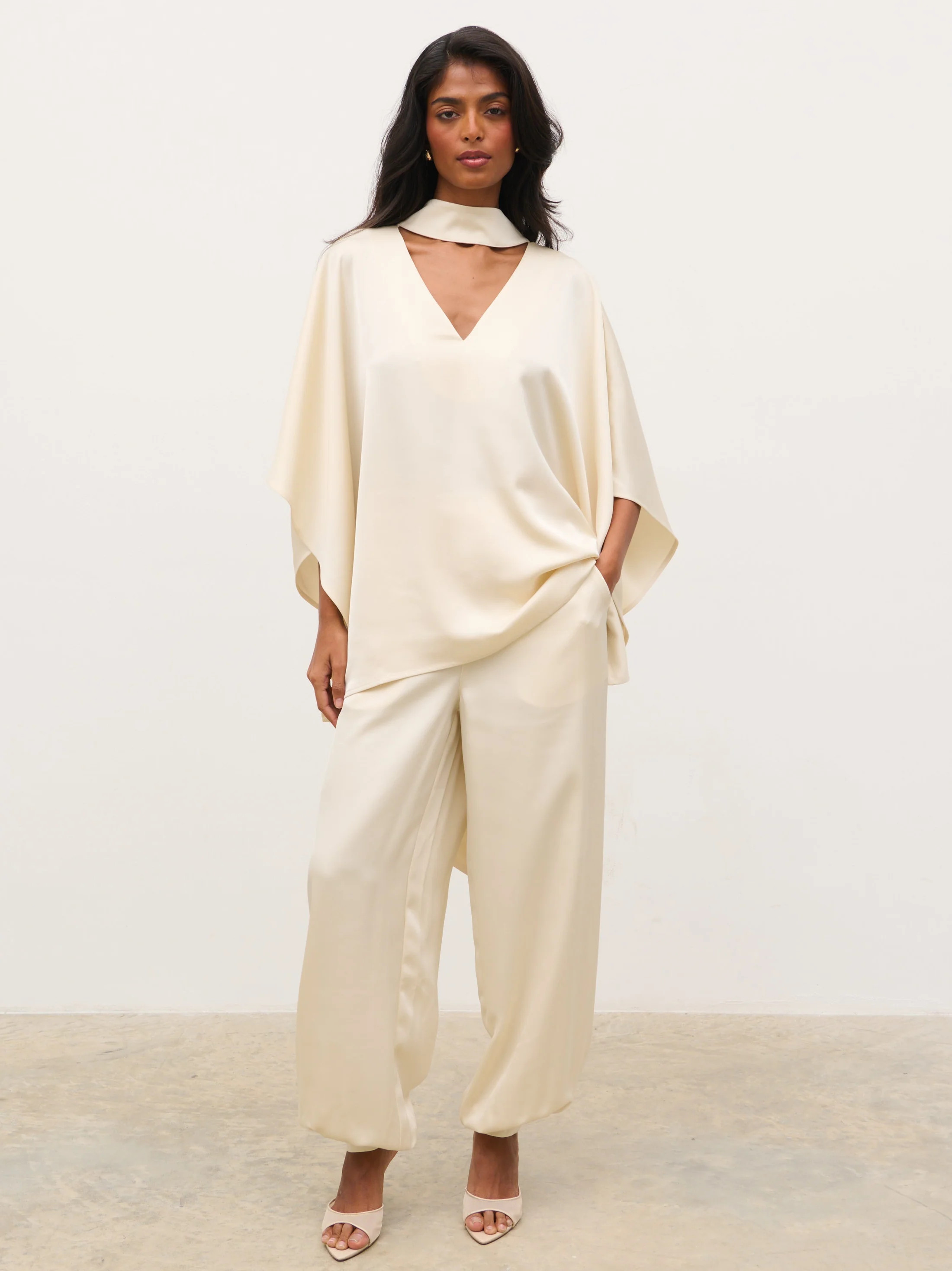 Breya V-Neck Smock Top - Oyster | Pretty Lavish (UK)