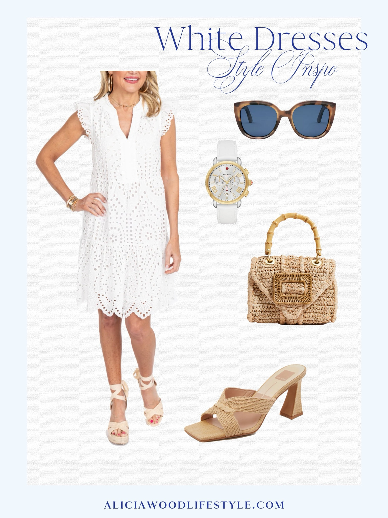 White dress for summer
Shelby dress avara
Pamela Munson Avis mini bag 
Raffia woven bag
Dior sunglasses 
White two tone sport watch 


#LTKSummerSales #LTKOver40 #LTKStyleTip