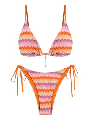 ZAFUL Sexy Orange Crochet Bikini Sets for Women Cheeky Two Piece Tropical Bathing Suits Striped Brazilian High Cut Knit Swimsuit for Vacation Resort Wear M | Amazon (US)