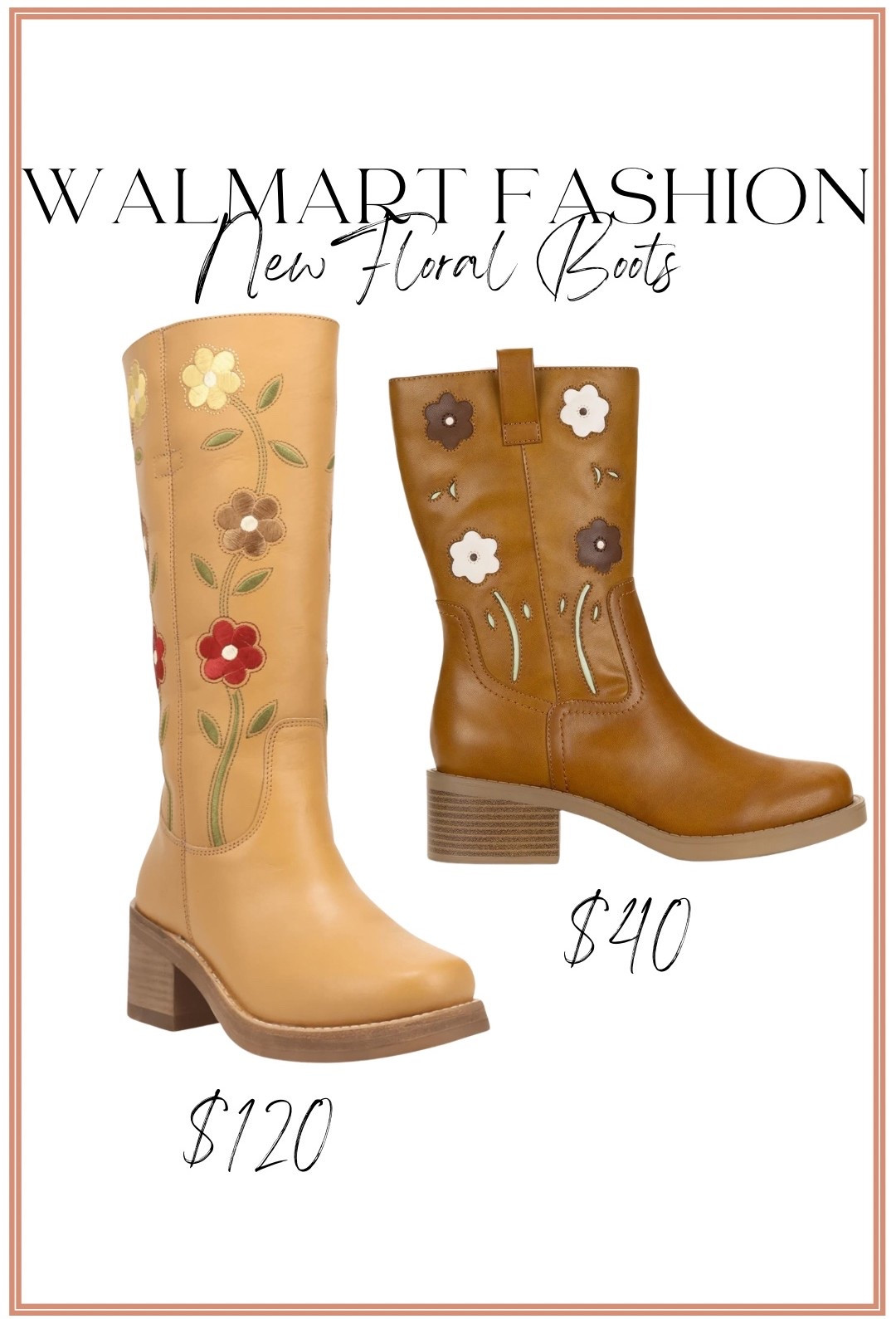 Walmart New Arrivals are already giving us a little preview of fall, and I couldn’t resist these adorable floral boots! 🌼🤎 I picked up the $40 pair from Walmart, and while browsing the Nordstrom Anniversary Sale, I spotted a floral boot that instantly reminded me of them… except it was about 3x the price. 👀

If you love finding affordable fashion that gives you the same elevated look without the designer price tag, these are such a fun find. The floral embroidery is so unique, they’re comfortable, and they’ll be so cute styled with denim, sweater dresses, skirts, and all of your favorite fall outfits.

I have a feeling these Walmart boots are going to be one of those new arrivals that disappear quickly! 🍂✨

#walmartfashion #walmartfinds #walmartnewarrivals #fallfashion #fallboots #cowgirlboots #floralboots #embroideredboots #affordablefashion #budgetstyle #lookforless #nordstromanniversarysale #fallstyle #westernstyle #bootseason #fashionfinds #styleinspo #outfitideas #everydaystyle #fashiondeals #walmartstyle #falloutfits #trendystyle #momstyle #ootd

#LTKootd #LTKPetite
