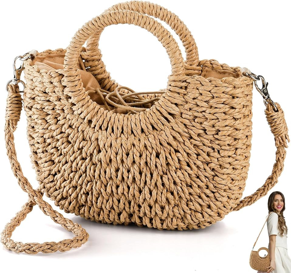 Women Straw Handbag, Mini Summer Beach Rattan Tote Bag, Woven Semi-circle Clutch Bag Handmade Pur... | Amazon (US)