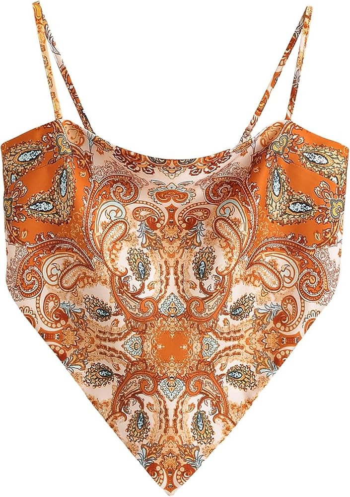 Women's Boho Paisley Print Satin Bandana Top Hanky Hem Tie Back Adjustable Spaghetti Strap Cami T... | Amazon (US)