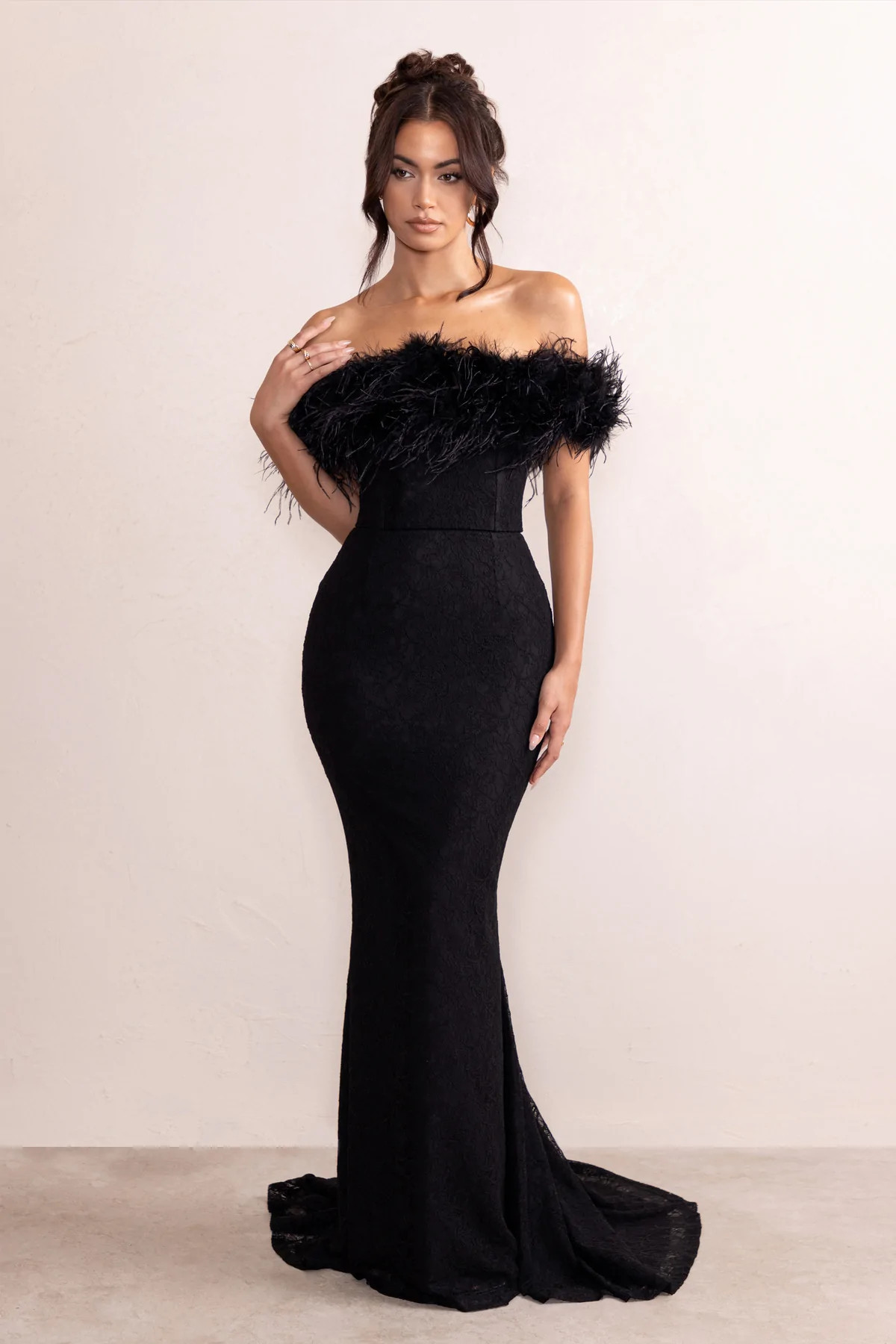 Idyll | Black Lace Bardot Feather Fishtail Maxi Dress | Club L London