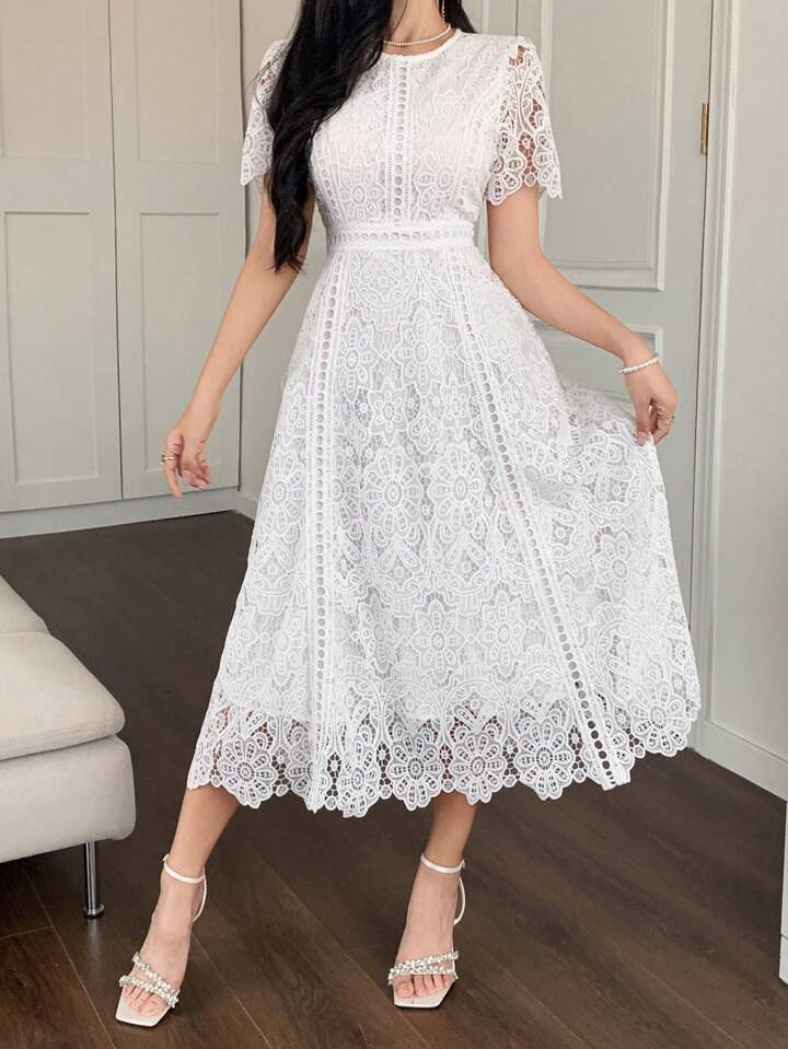 $42.87$53.59-20%DAZY Summer Elegant White Lace Hollow Out Dress For Lady, Comfortable Casual Wear... | SHEIN
