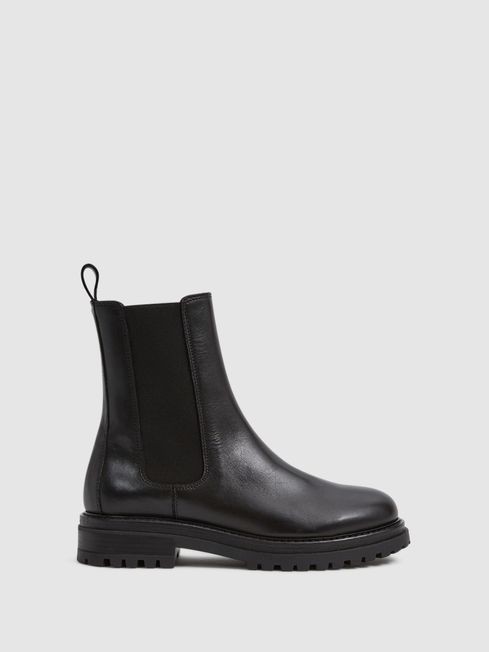 Reiss Black Thea Boots Leather Pull On Chelsea Boots | Reiss UK