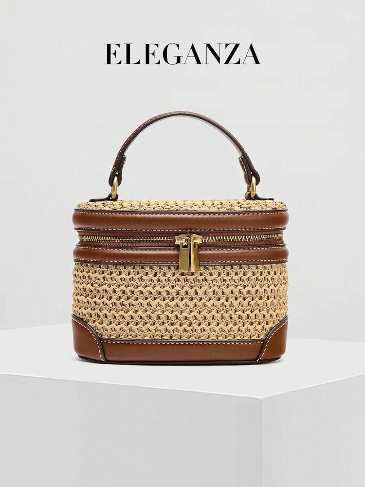 1pc Fashion Commuter Handbag, Leather & Woven Fabric Shoulder Bag, Structured Design, Niche Travel Vacation Style Crossbody Bag, Straw Box Bag | SHEIN