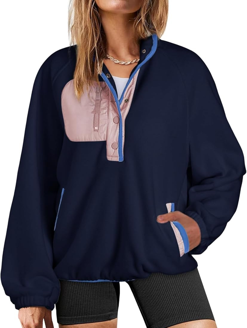 Women's Fuzzy Fleece Pullover Lightweight Cropped Sherpa Sweatshirt Long Sleeve Button Down Fleec... | Amazon (US)