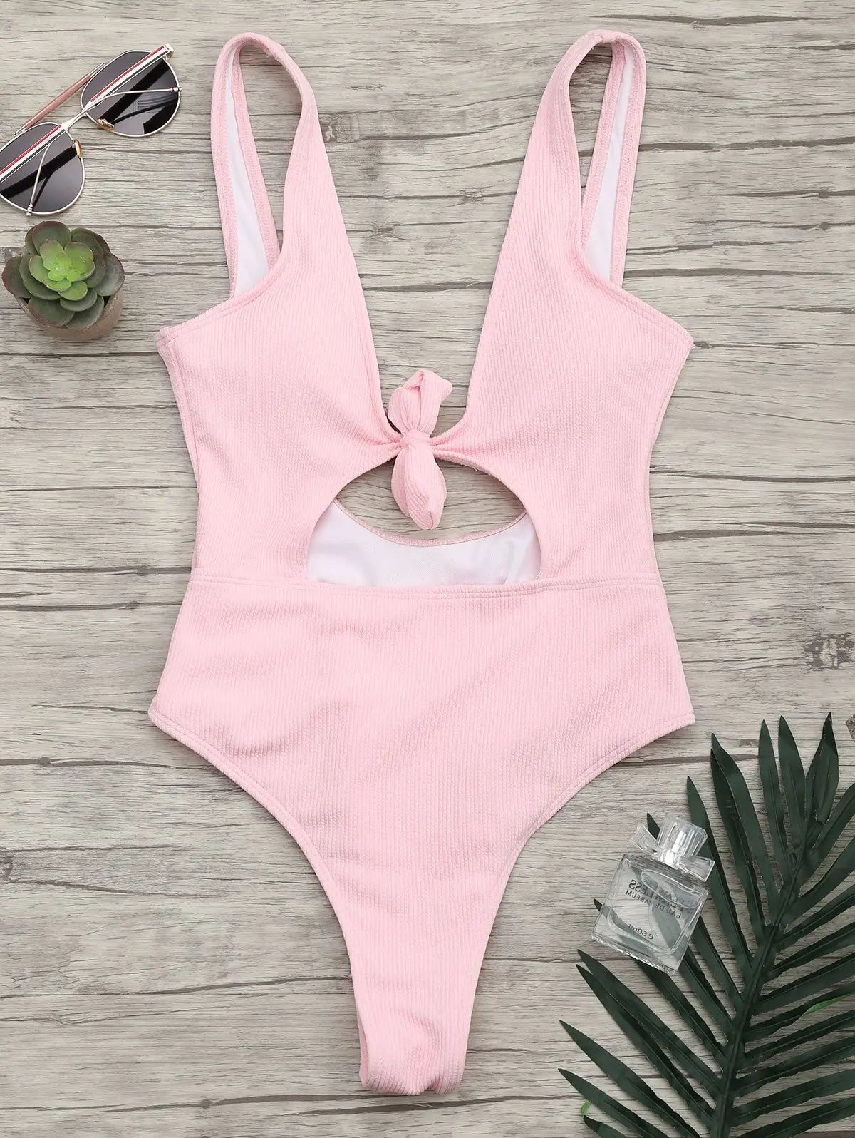 One Piece Ribbed Knot Backless Swimsuit | Rosegal US