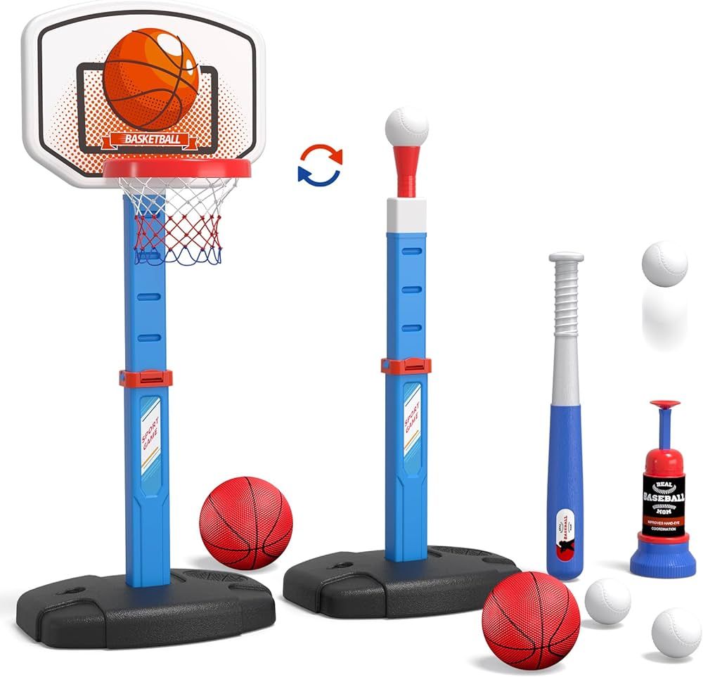 HYES 2 in 1 Kids Basketball Hoop and T Ball Set - Adjustable Height, Kids Baseball Tee with Autom... | Amazon (US)