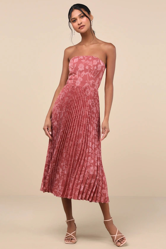 Perfectly Stunning Rusty Rose Jacquard Strapless Midi Dress | Lulus