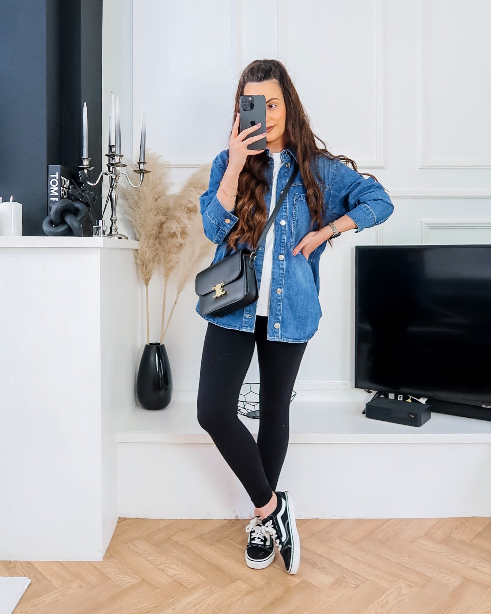 Black leggings outfit, black high waist leggings, denim over shirt, denim shirt, denim shacket, vans outfit, plain white t shirt, casual style 

#LTKstyletip #LTKeurope #LTKworkwear