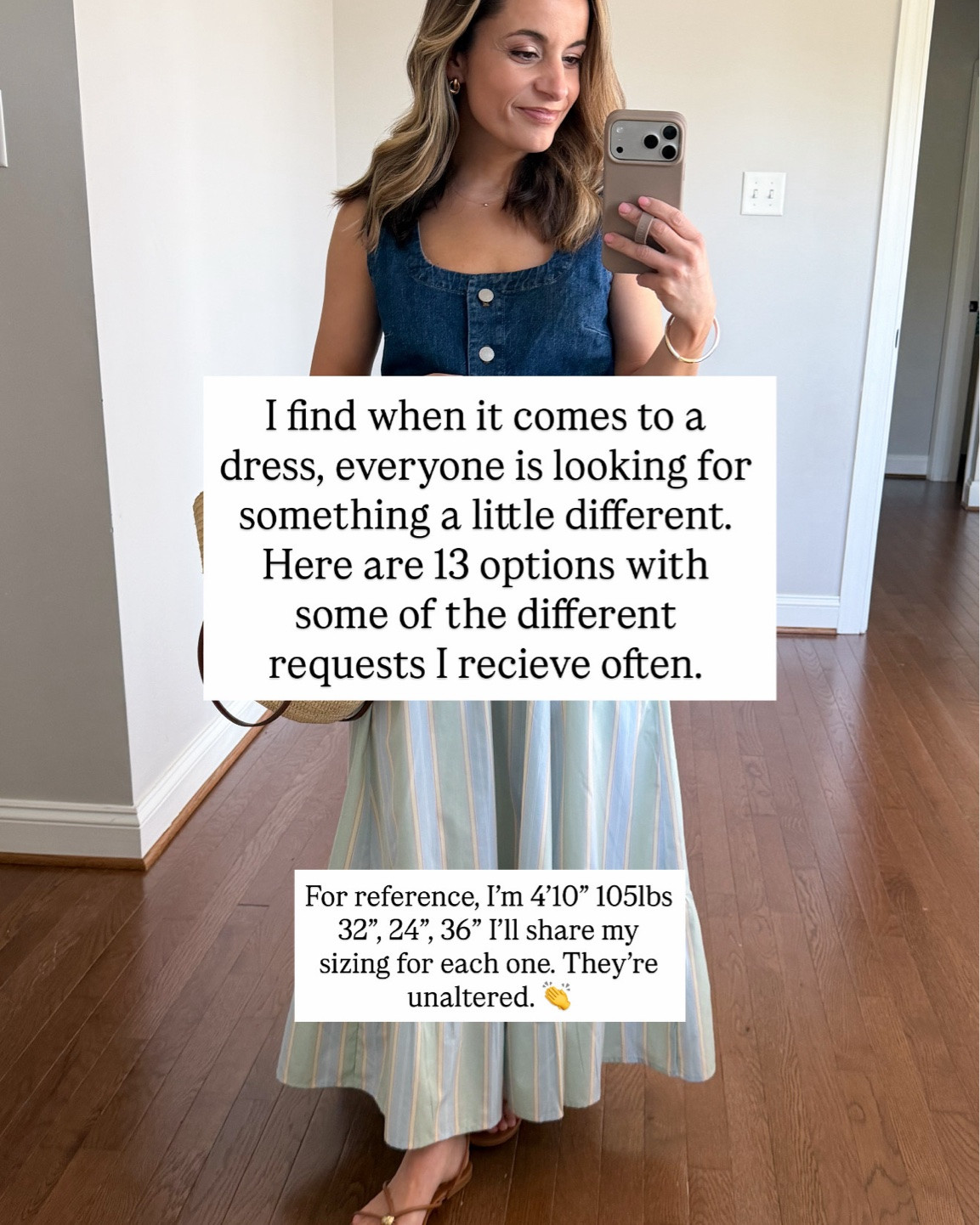 13 petite-friendly dresses with some of the most common requests I receive.

For size comparison I’m 4’10” (4’10.5” to be exact) 105lbs and my measurements are 32”, 24”, 36”. I’ll list my sizing by each piece, everything is shown unaltered. 

Convertible dress (Abercrombie): petite xxs 
Vest (BR Factory): 0 
Special occasion dress (Nordstrom): xxs 
Short striped blue dress (Hill House): xs 
Short pink dress (Nordstrom): xs 
Short navy dress (J.Crew Factory): 00 
Short dress long sleeves (Anthropologie): xxs 
Mini dress (Abercrombie): xs
Long dress with sleeves (Amazon): xs 
Inexpensive dress (Amazon): xs 
Linen dress (Quince): xs 
Red dress for work (Ann Taylor): petite xxs/00 
Ivory dress for work (Kohl’s): xs
Comfortable dress (Haven Well Within): xxs

#LTKPetite