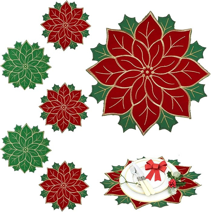Breling 6 Pieces Christmas Poinsettia Placemats 16 Inch Round Red and Green Placemats Poinsettia ... | Amazon (US)