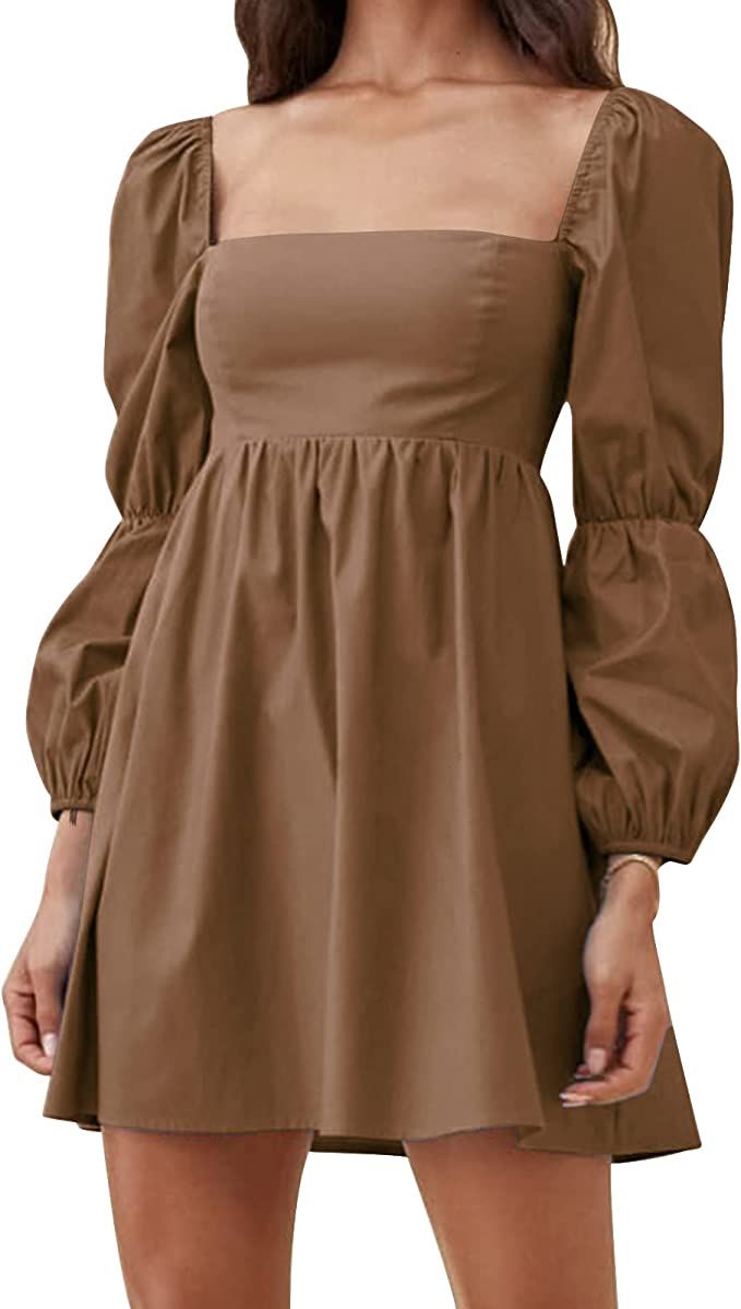 Amazon.com: EXLURA Womens Square Neck Dress Long Puff Sleeve A-Line Casual Short Mini Dress Brown... | Amazon (US)