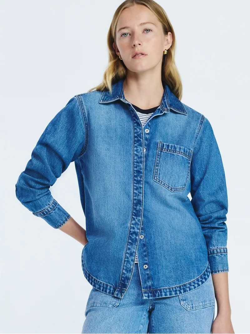 Free Assembly Women's Button Up Denim Shirt with Long Sleeves, Sizes XS-XXL | Walmart (US)
