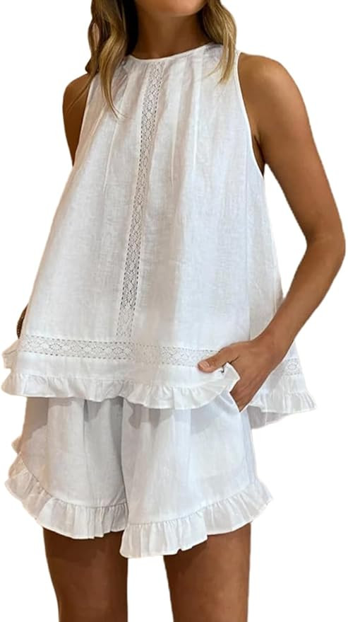 Womens Ruffle Short Set 2 Piece Outfits Fashion Summer Sleeveless Lace Trim Top and Shorts Cotton... | Amazon (US)