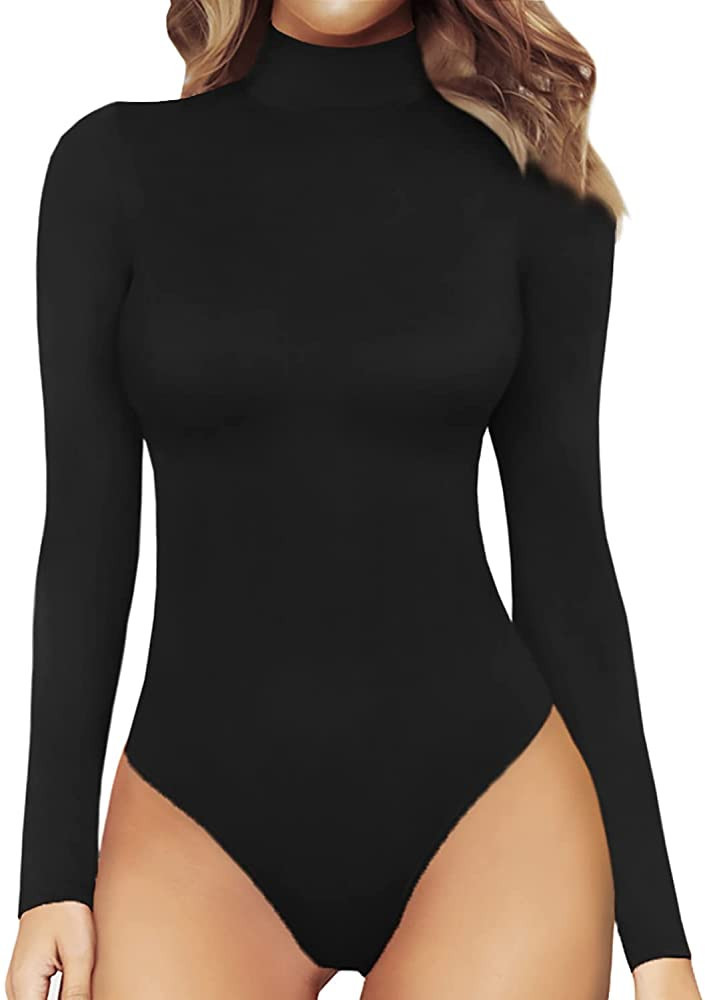 MANGOPOP Women's Mock Turtle Neck Long Sleeve Tops Bodysuit Jumpsuit | Amazon (US)