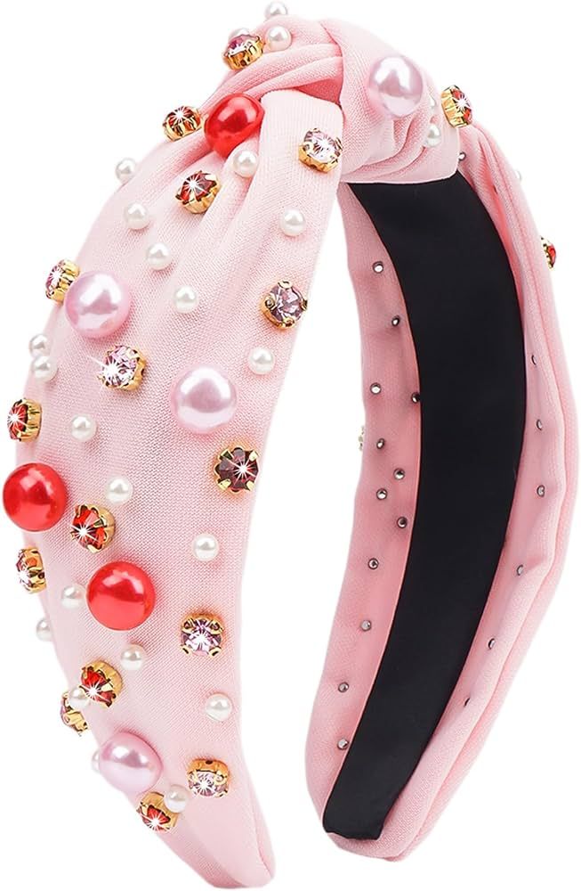 TULOBI Valentine's Day Headband for Women Pearl Knotted Headband Red Pink Pearl Rhinestone Crysta... | Amazon (US)