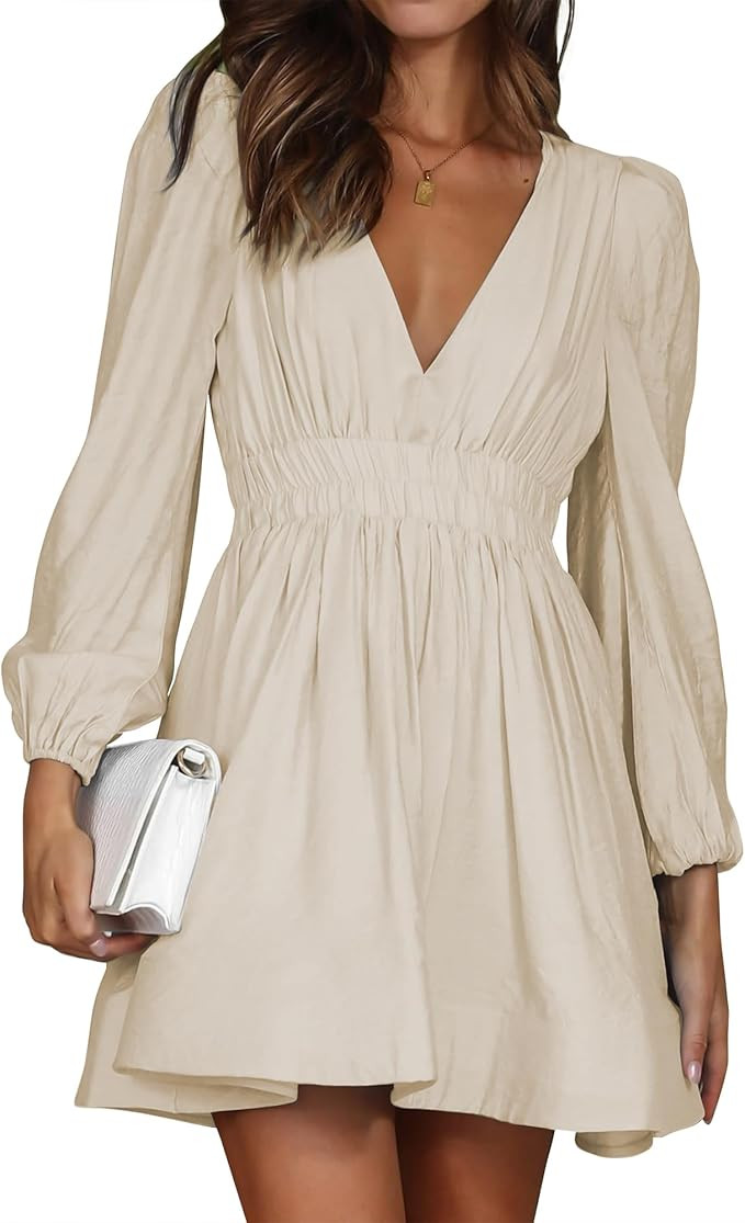 FAIABLE Mini Deep V Sexy Long Sleeve Dress for Women A-line High Waisted Casual Flowy Dress for C... | Amazon (US)
