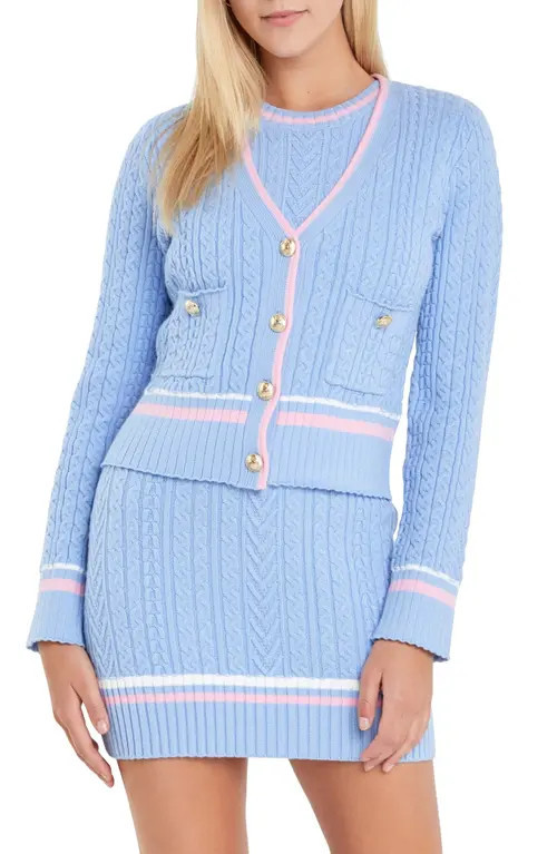 English Factory Stripe Trim Cable Knit Cardigan in Powder Blue at Nordstrom, Size Large | Nordstrom