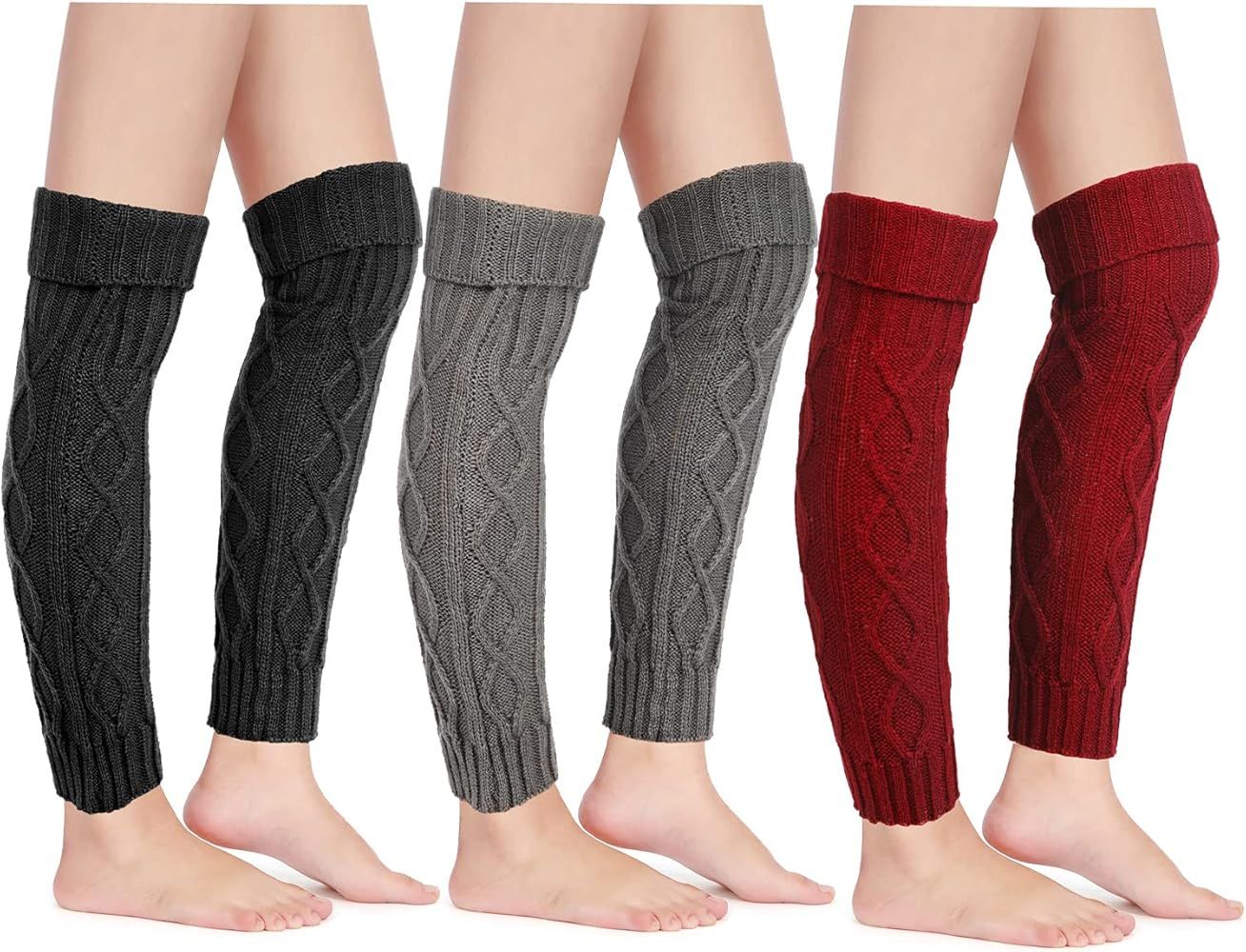 SATINIOR 3 Pairs Knit Leg Warmer Cable Footless Sock Winter High Leg Warmer for Women Girls | Amazon (US)
