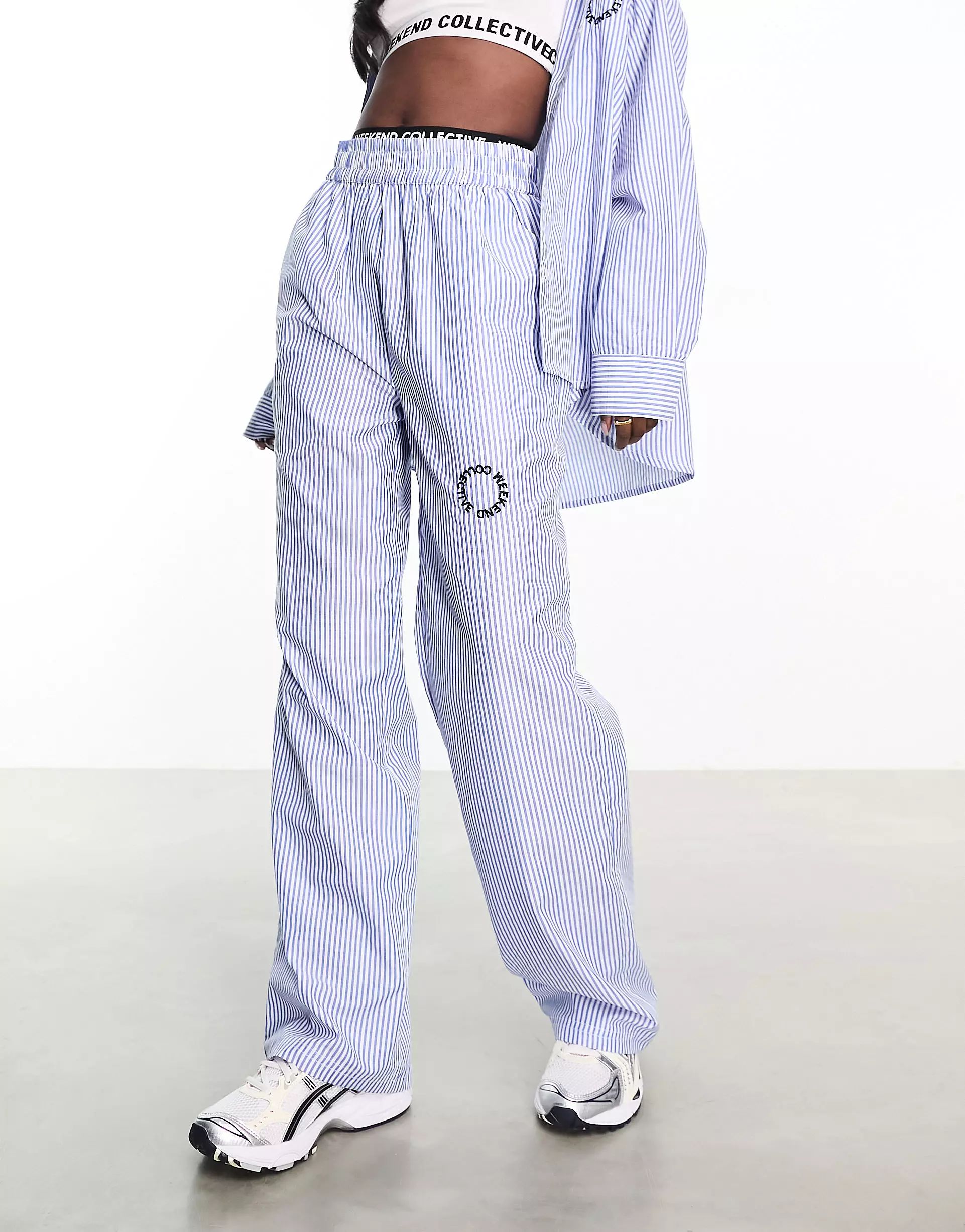 ASOS Weekend Collective wide leg striped pants in blue and white - part of a set | ASOS | ASOS (Global)