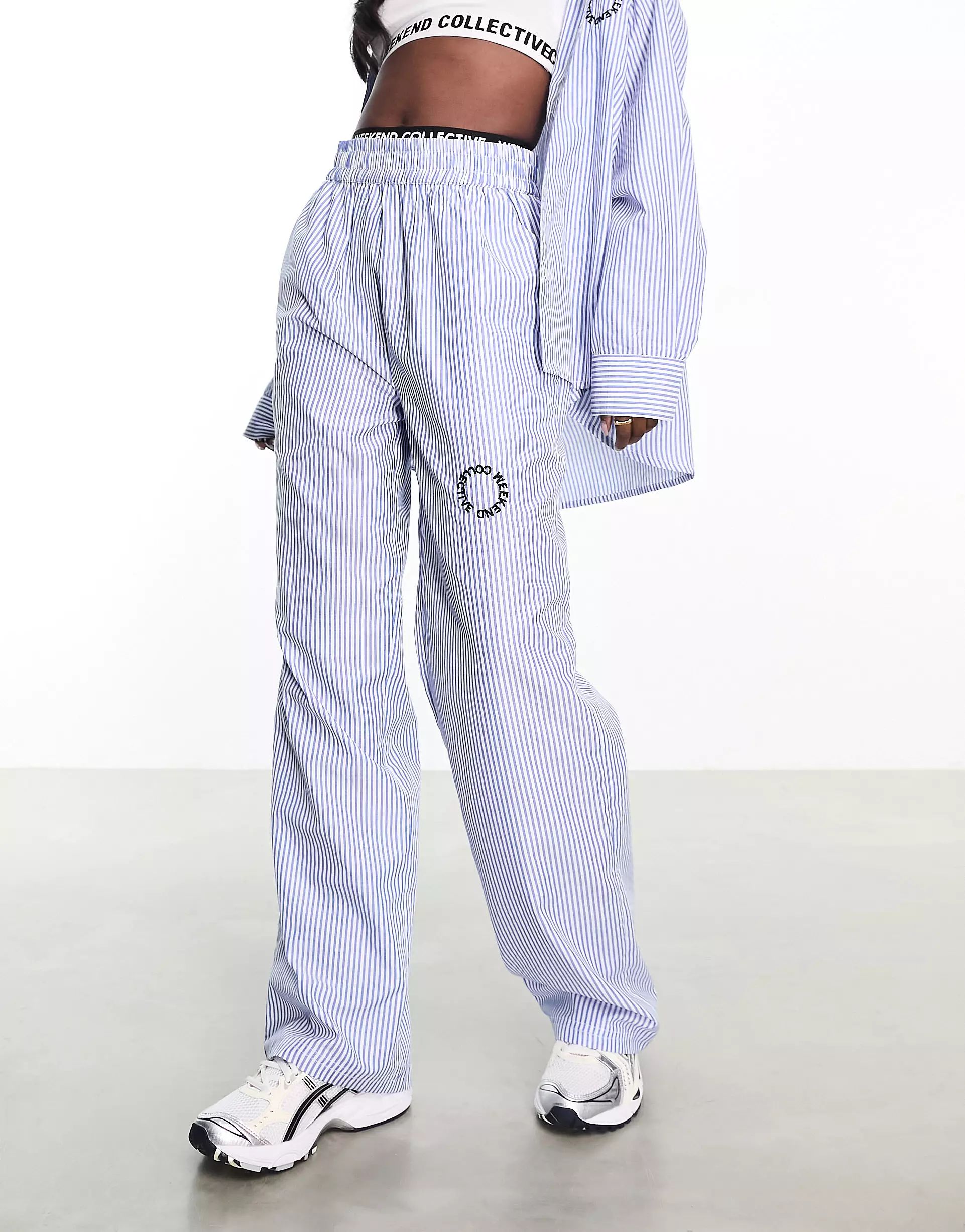 ASOS Weekend Collective wide leg striped pants in blue and white - part of a set | ASOS | ASOS (Global)