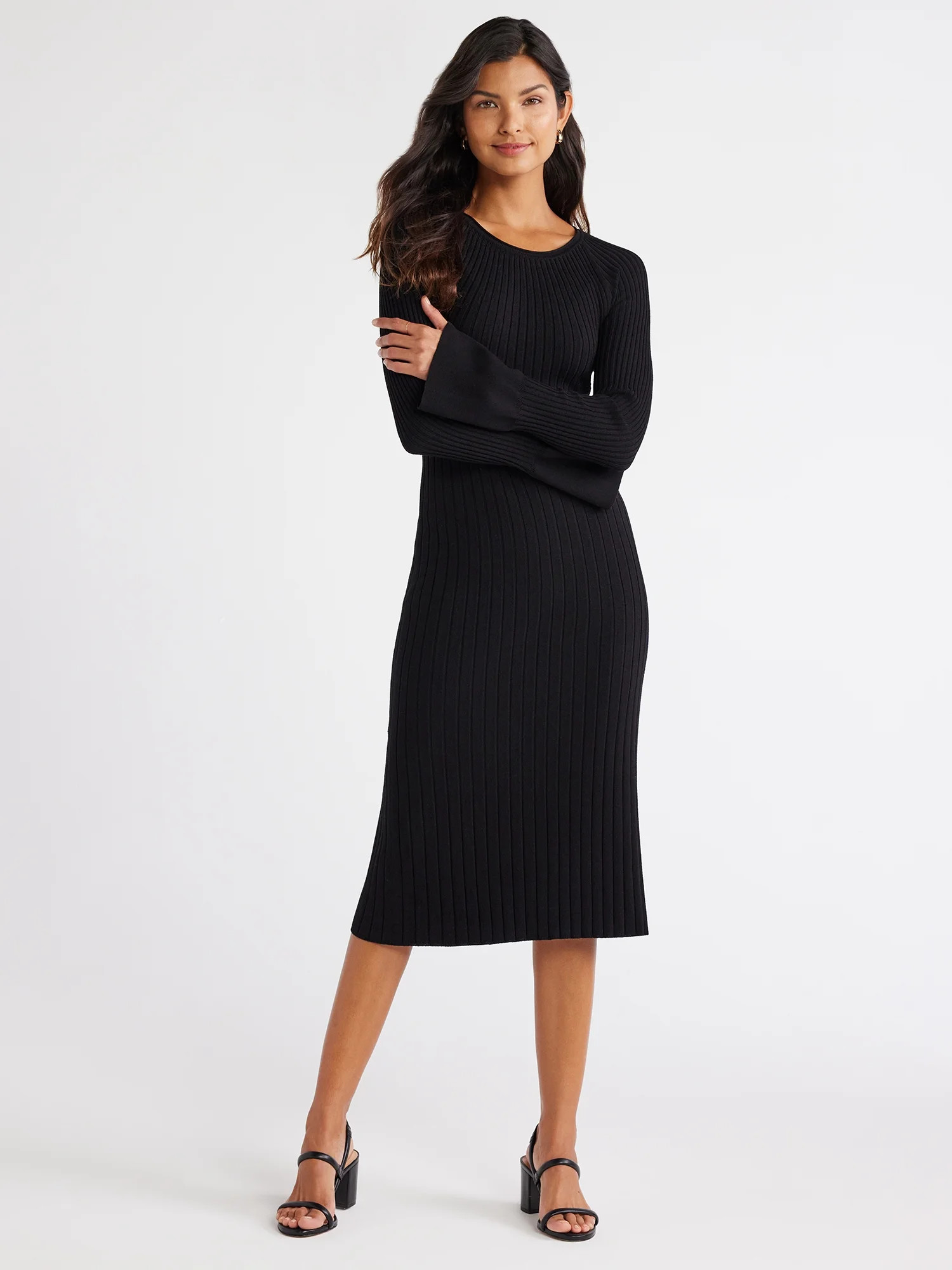 Free Assembly Women's Radiating Ribbed Midi Dress with Long Sleeves, Sizes XS-XXXL | Walmart (US)