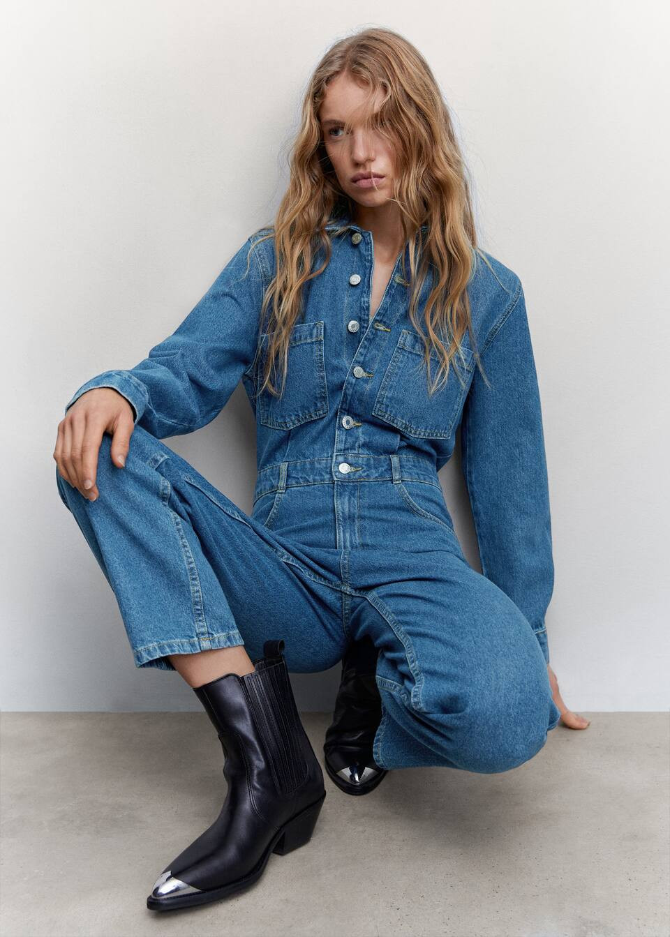 Short sleeved denim jumpsuit -  Women | Mango USA | MANGO (US)