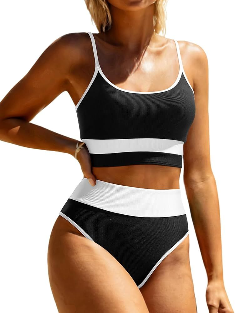 Tempt Me Women High Waisted Bikini Sets Ribbed Two Piece Color Block Sporty Scoop Neck Swimsuit f... | Amazon (US)