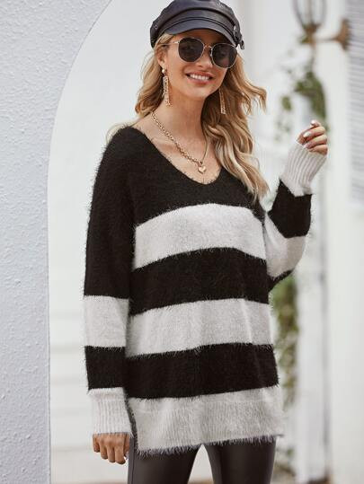 SHEIN Two Tone Split Side Fluffy Knit Oversized Sweater | SHEIN