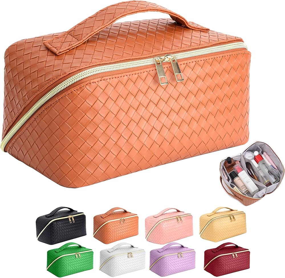 ZAUKNYA Large Capacity Travel Cosmetic Bag - Makeup Bag, Portable Leather Waterproof Women Organi... | Amazon (US)