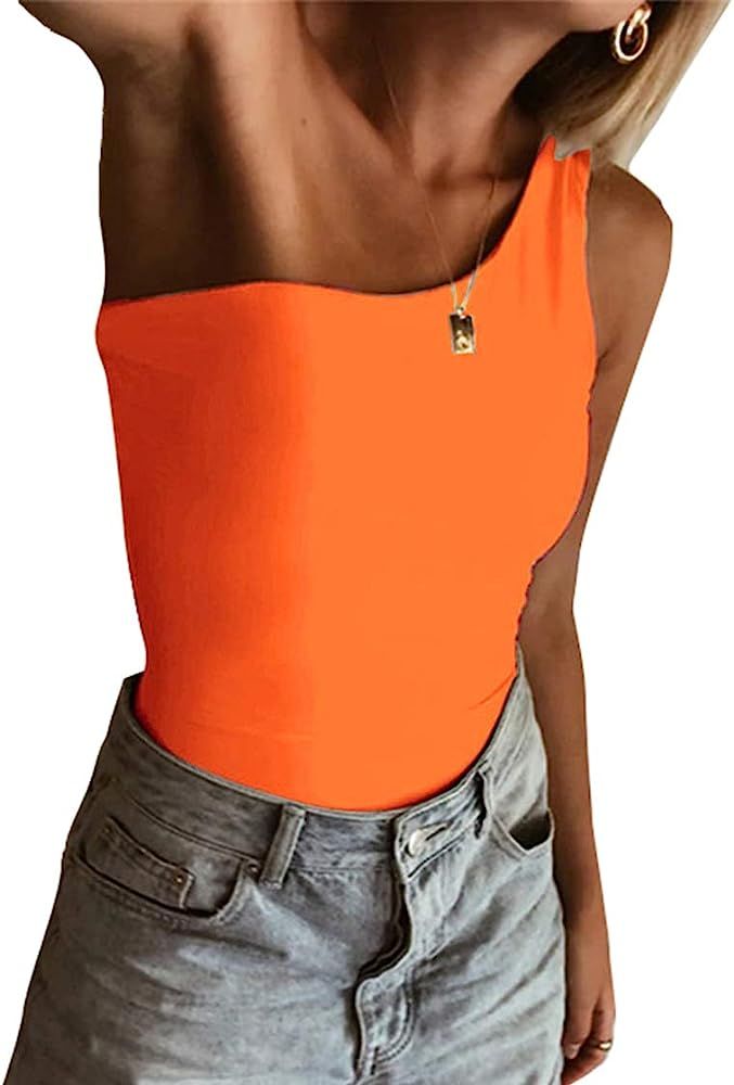 PRIMODA Women's Sexy One Shoulder Bodysuit Basic Sleeveless Summer Leotard Top | Amazon (US)