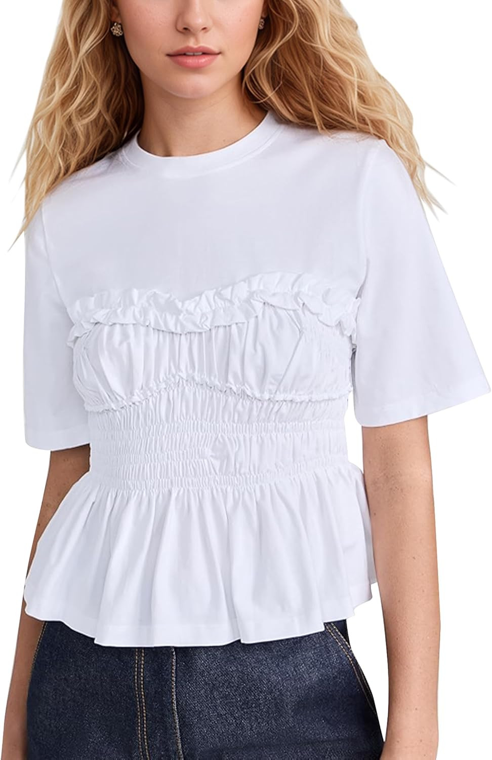 Women Ruched Peplum Tee Shirt Top Crewneck Half Sleeve Smocked Shirred Bodice Solid Ruffled Hem Tshirt Tops White | Amazon (US)