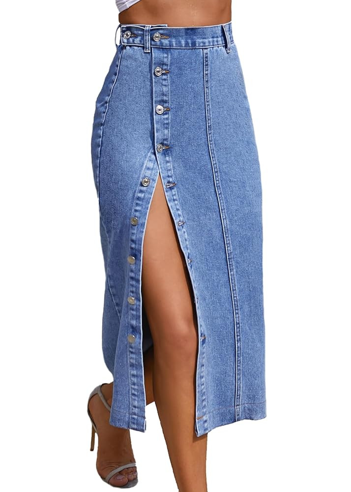 Nihsatin Women's Button Front Split Denim Midi Skirt High Waist Slim Fit Pencil Skirt | Amazon (US)