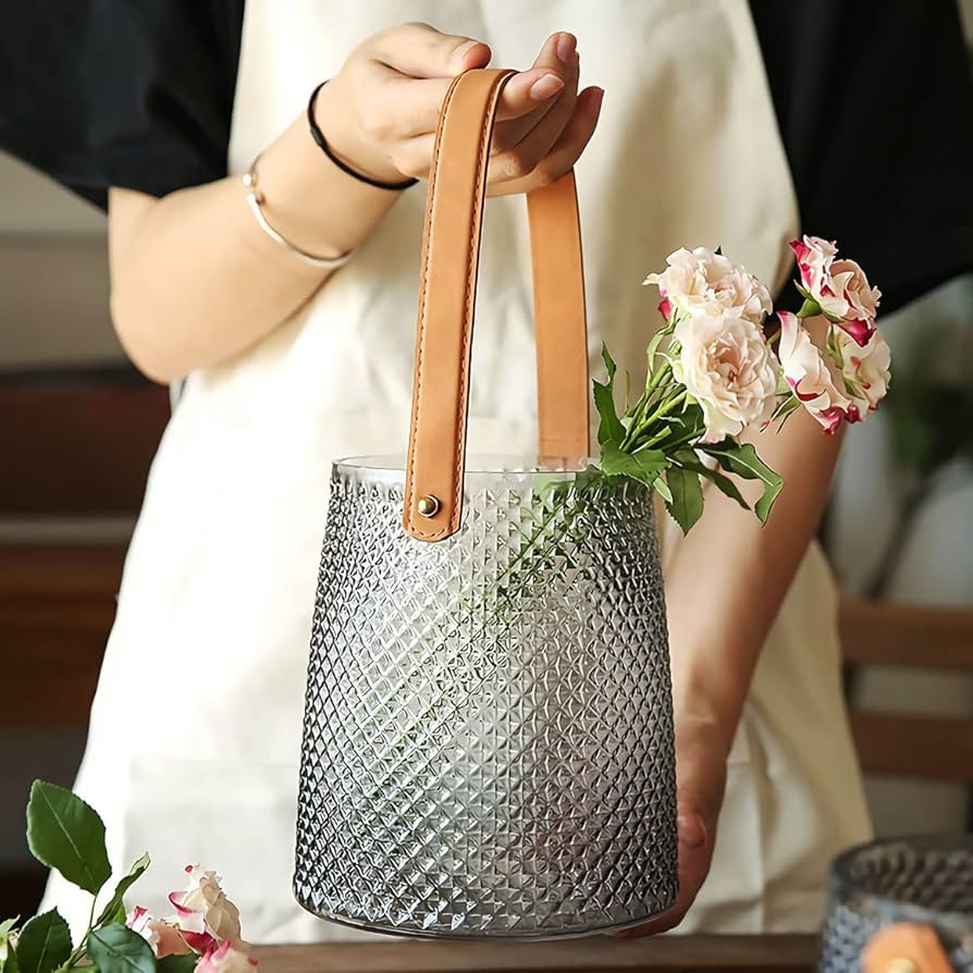 XIUWOUG Gray Glass Vase with Leather Strap,Glass Purse Vase for Decor,Decorative Glass Vase for F... | Amazon (US)