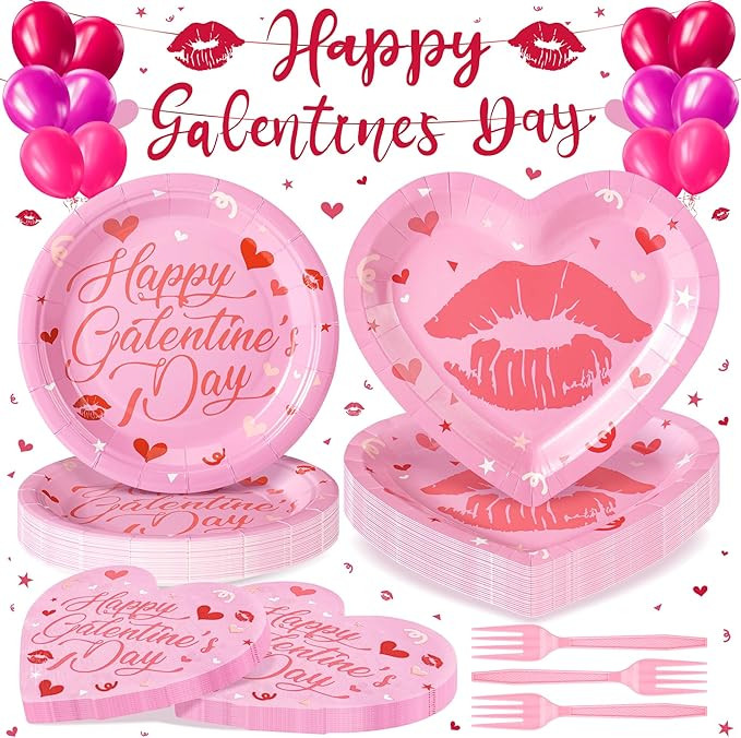 109PCS Happy Galentine's Day Party Supplies,Pink Love Heart Disposable Paper Plates Napkins Cups ... | Amazon (US)
