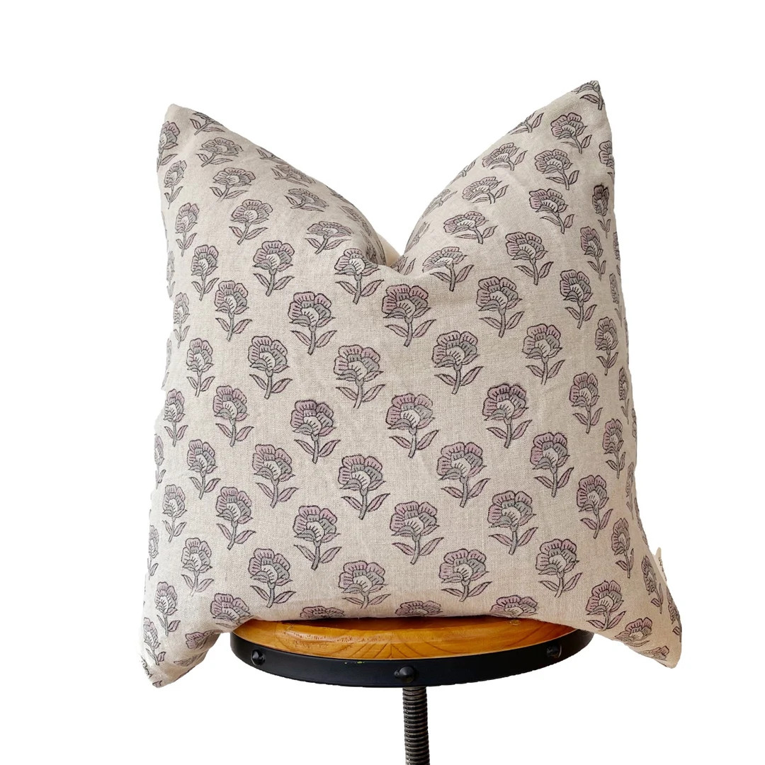 Hand block print pillow cover, pink and gray floral pillow cover ,Natural linen floral pillow cov... | Etsy (CAD)