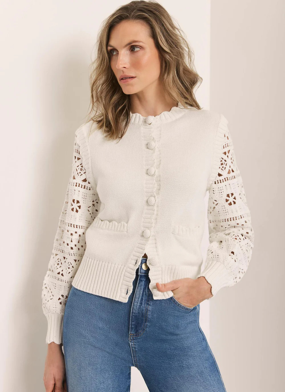 Cream Cotton Blend Crochet Cardigan | Mint Velvet