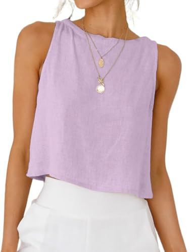 Purple Linen Crop Tops for Women Summer Casual Loose Cropped Cotton Linen Sleeveless Tank Top Shirts (Light Purple, S) | Amazon (US)