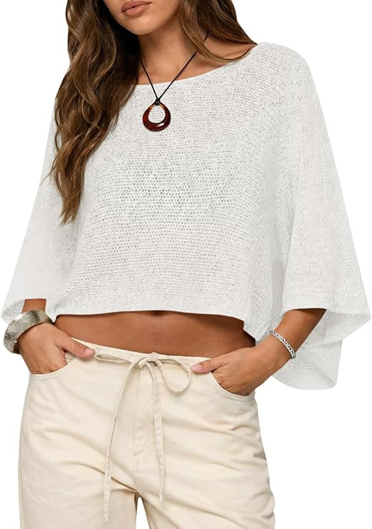 Saodimallsu Womens Batwing Short Sleeve Sweater Crop Tops Lightweight Oversized Boat Neck Crochet... | Amazon (US)