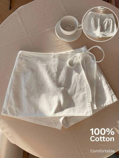 Comfortcana Women's Casual Knotted White Denim Culottes, Suitable For Daily Street Wear | SHEIN