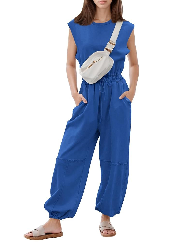 Flygo Womens Casual Jumpsuit Crewneck Cap Sleeve Long Wide Leg Pants One Piece Outfits Drawstring... | Amazon (US)
